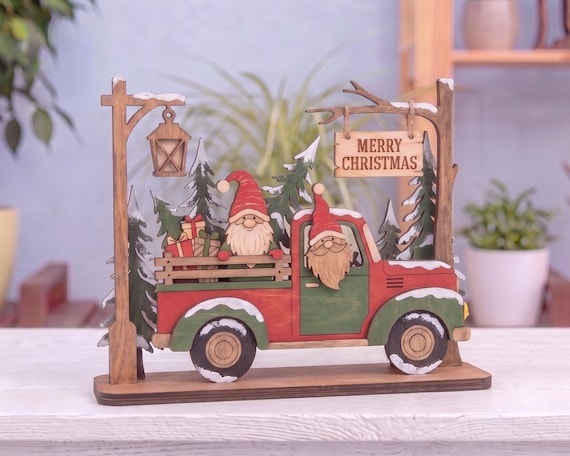 3D Christmas Gnomes Truck SVG Laser Cut File, Merry Christmas Truck Laser File, Multi Layered Christmas Sign SVG, Glowforge Files, XTool