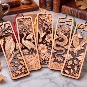 SVG-Bundle mit lasergeschnittenen Lesezeichen, Lesezeichen-Laserdatei aus Holz, Tier-SVG mit Drache, Eule und Kranich für Glowforge, Lasergravur, digitaler Download