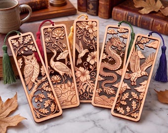 Laser Cut Bookmark SVG Bundle, Wooden Bookmark Laser File, Animal Dragon Owl Crane SVG for Glowforge, Laser Engraving, Digital Download