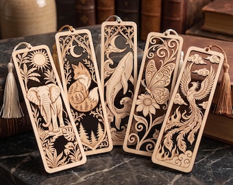 Animal Bookmarks SVG for Laser Cut, Wooden Bookmark Laser Engrave File, Fox Elephant Whale Phoenix Butterfly SVG, Glowforge, Xtool