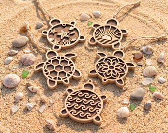 Archivo SVG de tortuga marina para corte láser, SVG de tortuga en capas, paquete de vectores de llaveros de verano, colgantes para bolsos, archivo Glowforge de mandala oceánico, descarga digital.