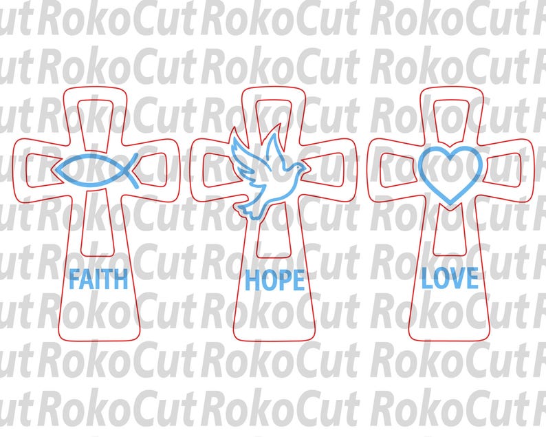 May include: Three red outlined cross designs featuring blue symbols and text. The first cross contains a fish symbol and the word FAITH. The second cross displays a dove and the word HOPE. The third cross shows a heart symbol and the word LOVE.