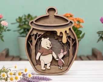 Multilayer Honey Bear SVG Laser Cut File, 3D Wood Wall Art, Forest Friends in Honey Jar, Woodland Nursery Decor, Glowforge Ready