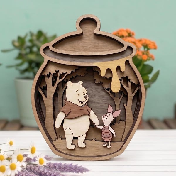 Multilayer Honey Bear SVG Laser Cut File, 3D Wood Wall Art, Forest Friends in Honey Jar, Woodland Nursery Decor, Glowforge Ready