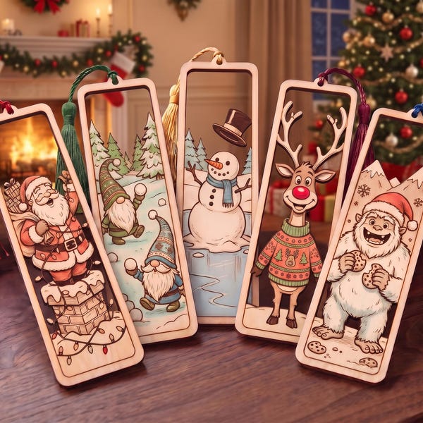 Christmas Wooden Bookmarks SVG, Laser Cut Cute Santa Gonk Reindeer Snowman Yeti Bookmark, Single Layer Plywood Engraving, Digital File