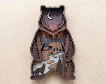 SVG de oso en capas 3D / Archivo de corte láser de escena de bosque multicapa / Arte de pared de madera con oso, cachorros y lobo / Archivos Glowforge / Arte de capas de madera contrachapada