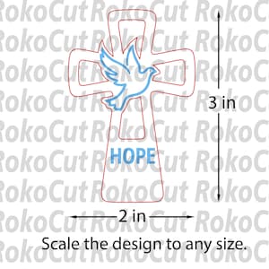May include: A red outlined cross shape featuring a blue dove silhouette and the blue text HOPE. The design measures 3 inches in height and 2 inches in width, with the text Scale the design to any size visible at the bottom of the image.