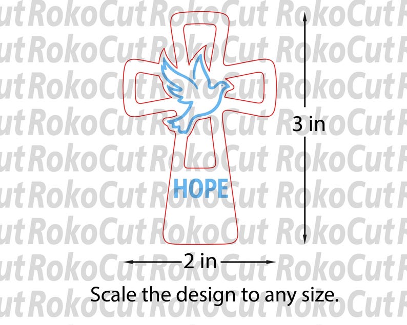May include: A red outlined cross shape featuring a blue dove silhouette and the blue text HOPE. The design measures 3 inches in height and 2 inches in width, with the text Scale the design to any size visible at the bottom of the image.