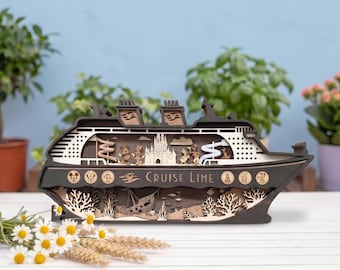 SVG de crucero en capas 3D / Línea de cruceros multicapa / SVG de ratón / Archivo de corte láser de barco con personajes famosos / Escena oceánica / Archivos Glowforge