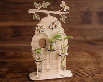 Jarrón de flores con forma de tubo de ensayo con diseño de abeja, archivo láser, estación de cultivo de escritorio Glowforge para uso comercial (descarga digital)