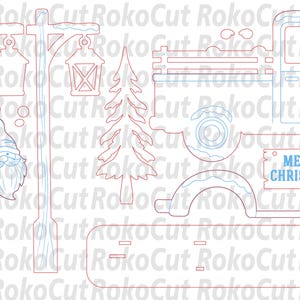 May include: A digital vector file featuring red and blue outlines of a gnome, a lantern on a post, a pine tree, and a truck with the text MERRY CHRISTMAS on the side. The design includes various cut-out shapes for crafting projects.