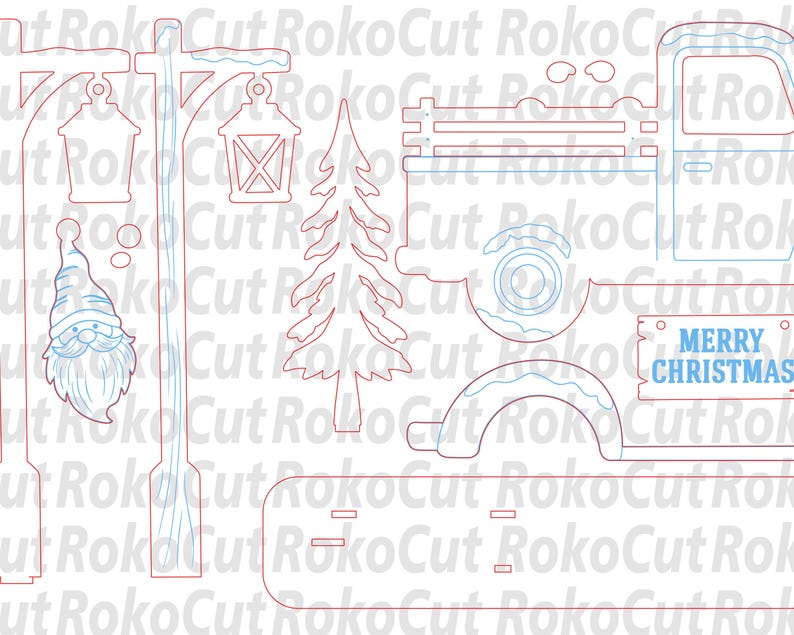 May include: A digital vector file featuring red and blue outlines of a gnome, a lantern on a post, a pine tree, and a truck with the text MERRY CHRISTMAS on the side. The design includes various cut-out shapes for crafting projects.