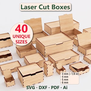 Könnte beinhalten: Eine Sammlung von hellen Holzkisten mit Fingerzinken, die verschiedene rechteckige und quadratische Formen mit Klappdeckeln aufweisen. Der Text umfasst Laser Cut Boxes, 40 UNIQUE SIZES sowie Materialstärken von 3 mm, 4 mm, 5 mm, 6 mm, SVG, DXF, PDF, Ai.