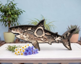 SVG 3D de tiburón en capas para corte láser, arte en madera de sirena y pulpo, diseño de madera contrachapada multicapa, archivos listos para Glowforge.