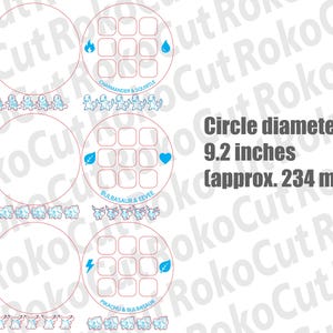 May include: A digital design sheet featuring three circular templates with 234 mm diameters. Each circle contains a three-by-three grid, character names like Charmander & Squirtle, Bulbasaur & Eevee, and Pikachu & Bulbasaur, plus elemental icons.