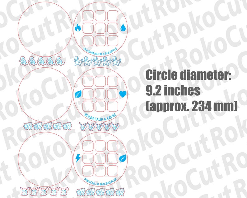 May include: A digital design sheet featuring three circular templates with 234 mm diameters. Each circle contains a three-by-three grid, character names like Charmander & Squirtle, Bulbasaur & Eevee, and Pikachu & Bulbasaur, plus elemental icons.
