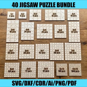 May include: A 40 jigsaw puzzle bundle featuring various light wood puzzle pieces with printed dimensions and piece counts ranging from 1x1 2 pcs to 10x10 100 pcs. The text 40 JIGSAW PUZZLE BUNDLE and SVG/DXF/CDR/Ai/PNG/PDF is displayed in bold black font.