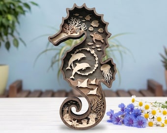 SVG de caballito de mar en capas 3D / Archivo de corte láser de vida marina multicapa / Arte mural de madera con escena oceánica / Diseño de delfines y tortugas marinas / Archivos Glowforge