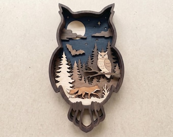 Búho en capas 3D SVG / Escena de bosque multicapa Archivo de corte láser / Búho con zorro y murciélago Arte de pared de madera / Archivos Glowforge / Arte de capas de madera contrachapada