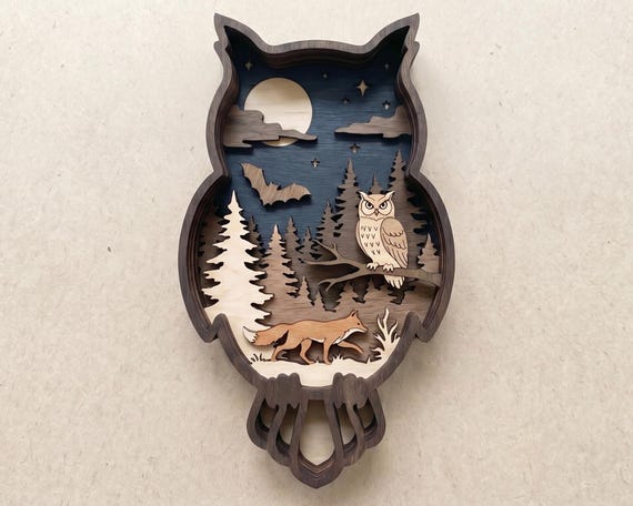 3D Layered Owl SVG | Multilayer Forest Scene Laser Cut File | Owl with Fox and Bat Wood Wall Art | Glowforge Files | Plywood Layer Art