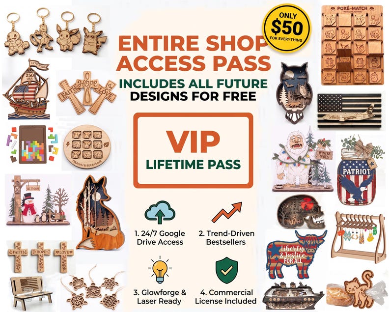 May include: An entire shop access pass advertisement featuring various laser-cut wooden items including keychains, wall art, and puzzles. Text includes ENTIRE SHOP ACCESS PASS, VIP LIFETIME PASS, and details about 24/7 Google Drive access.