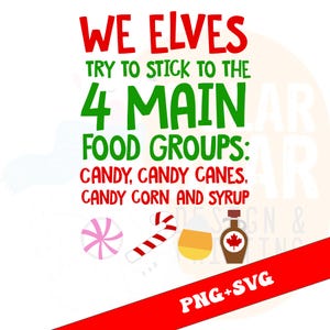 Könnte beinhalten: Grafikdesign mit dem Text „WIR ELFEN VERSUCHEN, UNS AN DIE 4 HAUPTNAHRUNGSGRUPPEN ZU HALTEN: SÜSSIGKEITEN, ZUCKERSTANGEN, CANDY CORN UND SIRUP.“ Enthält Illustrationen eines Lollipops, einer Zuckerstange, Candy Corn und einer Ahornsirupflasche.