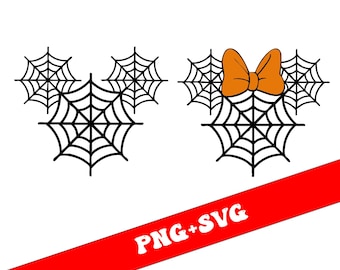 Może przedstawiać: Czarne wzory pajęczyn w kształcie uszu Myszki Miki. Jeden wzór ma pomarańczową kokardę. Obrazek zawiera tekst "PNG+SVG" w kolorze białym na czerwonym banerze. Motyw Halloween.