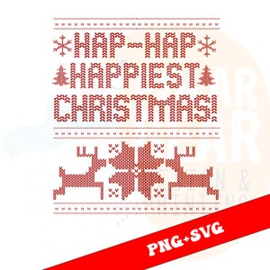 May include: A red and white Christmas-themed design with the text "HAP-HAP HAPPIEST CHRISTMAS!" in a knitted style. The design includes snowflakes, Christmas trees, and reindeer. The bottom right corner has a red banner with "PNG+SVG".