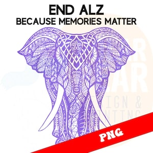 Memories Matter Elephant PNG | Alzheimer Awareness Floral Sublimation | Bundle with Purple Elephants Flowers Ribbons and Support Quotes