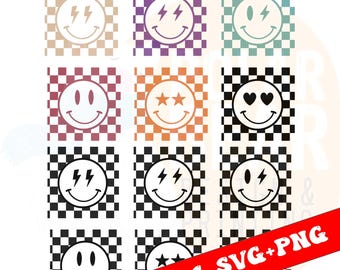 Smiley PNG, cara sonriente SVG, smiley angustiado PNG, smiley sublimado PNG, smiley a cuadros PNG, cara feliz PNG, flor retro PNG, archivo de corte Cricut