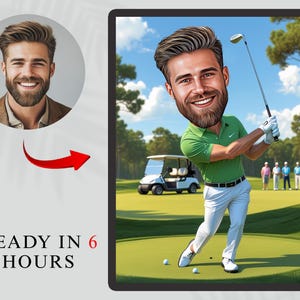 Benutzerdefinierte Golfer Cartoon Portrait, lustiges Golf Geschenk für ihn, personalisierte Golf Zeichnung vom Foto, männliche Golfer Karikatur Kunst