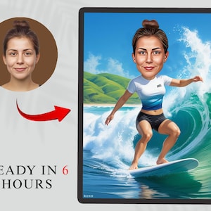 Personalized Female Surfing Caricature – Custom Beach Cartoon Portrait, Digital Surfer Girl Art Gift, Fun Ocean Wave Caricature from Photo
