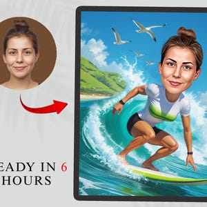 Female Surfer Caricature – Custom Surfing Cartoon Portrait for Women, Personalized Beach Digital Art, Fun Ocean Gift for Summer Lovers