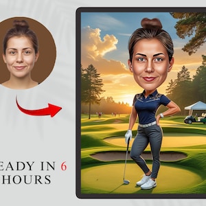 Benutzerdefinierte Golfer Karikatur für Frauen, personalisiertes Golf-Porträt, lustiges Golfgeschenk, Karikaturzeichnung vom Foto, digitale Kunst für Golfspielerin