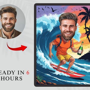 Custom Surfing Caricature - Personalized Beach Cartoon Portrait - Fun Surfer Gift, Ocean Wave Art for Summer Lovers, Digital personal Art