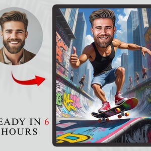Custom Skateboard Caricature Portrait, Personalized Skater Cartoon Drawing, Funny Digital Gift for Skateboarding Lovers, Athletes, Teen Boys