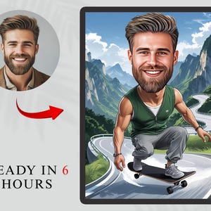 Personalized Skater Cartoon Portrait – Custom Skateboarding Caricature Drawing, Funny Digital Gift for Teens, Athletes, Extreme Sports Fans