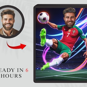 Custom Caricature Soccer Portrait, Personalized Football Cartoon Poster, Real Madrid Style Gift for Him, ,  Any team, Caricature from photo
