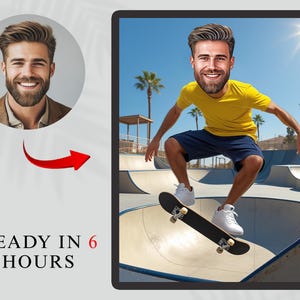 Skateboarder Cartoon Portrait – Custom Skater Caricature Drawing, Personalized Digital Gift for Teens, Athletes, Skateboarding Lovers