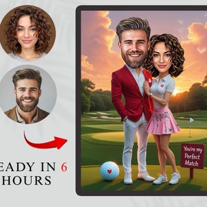 Custom Couple Golf Cartoon Portrait, Golf Caricature Drawing, Golfer Gift for Couple, Personalized Golf Caricature, Golfing Gift for Him Her