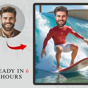 Custom Surfing Caricature - Personalized Beach Cartoon Portrait - Fun Surfer Gift, Ocean Wave Art for Summer Lovers, Digital personal Art