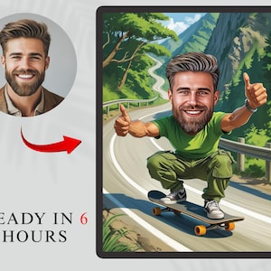 Personalized Skater Caricature Drawing, Custom Skateboard Cartoon Portrait, Unique Digital Gift for Skaters, Teen Boys, Street Style Fans