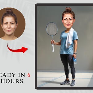 Personalized Badminton Player Cartoon – Custom Female Caricature Portrait, Digital Sports Art Gift for Her, Coach, or Badminton Lover