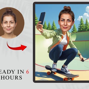 Skateboarder Female Cartoon Portrait – Custom Skater Caricature Drawing, Personalized Digital Gift for Teens, Athletes, Skateboarding Lovers