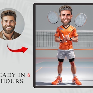 Custom  Badminton Caricature – Funny Cartoon Portrait Drawing, Unique Digital Gift for Athlete, Sports Fan, Coach, or Team Player