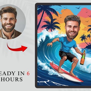 Custom Surfing Caricature – Personalized Beach Cartoon Portrait, Fun Surfer Gift, Ocean Wave Art, Summer Digital Drawing for Surfer