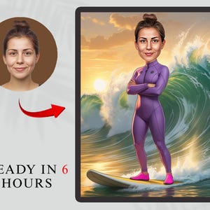 Custom Surfer Girl Caricature – Personalized Female Surfing Portrait, Fun Beach Cartoon Art, Digital Summer Gift for Ocean Lovers