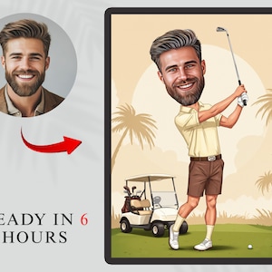 Personalisierte Golf-Karikatur, kundenspezifisches Karikatur-Porträt für Mann-Golfer, lustiges Geschenk für ihn, digitale Golf-Kunst vom Foto