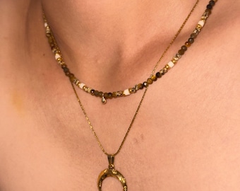Tiger’s Eye Beaded Necklace • Minimalist Layering Gemstone Jewelry, Gold Accent Gift for her