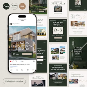 Op de afbeelding: Een smartphone toont een vastgoedmarketingpost met de tekst "SHOWCASE Every Property Like a Pro". Rondom de telefoon zijn diverse marketingtemplates in groen en wit, die professionele fotografiediensten promoten.
